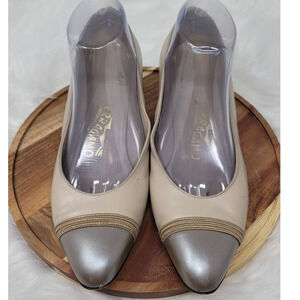 Salvatore Ferragamo Beige Silver Tip Work Casual Women's 2" Heels 8 1/2B